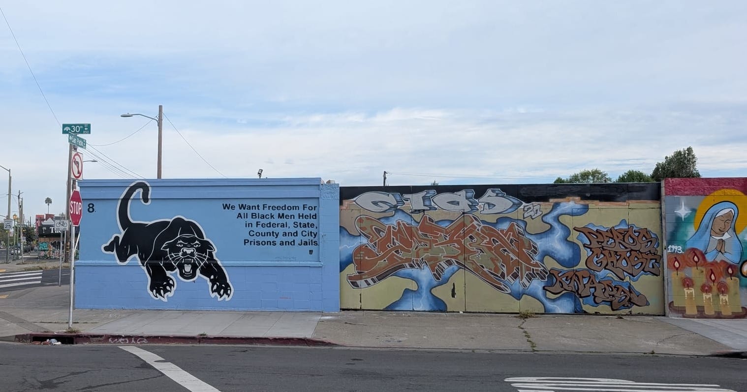 Panther mural, blue background.