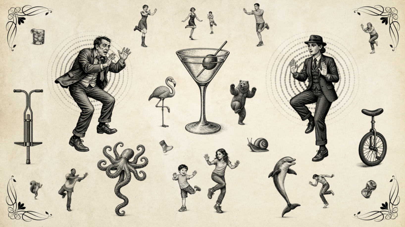 A number of slightly surreal illustrations of people and creatures hop fighting, with a martini glass in the middle, a harpooned olive half submerged in the liquid. Kind of a bummer that it