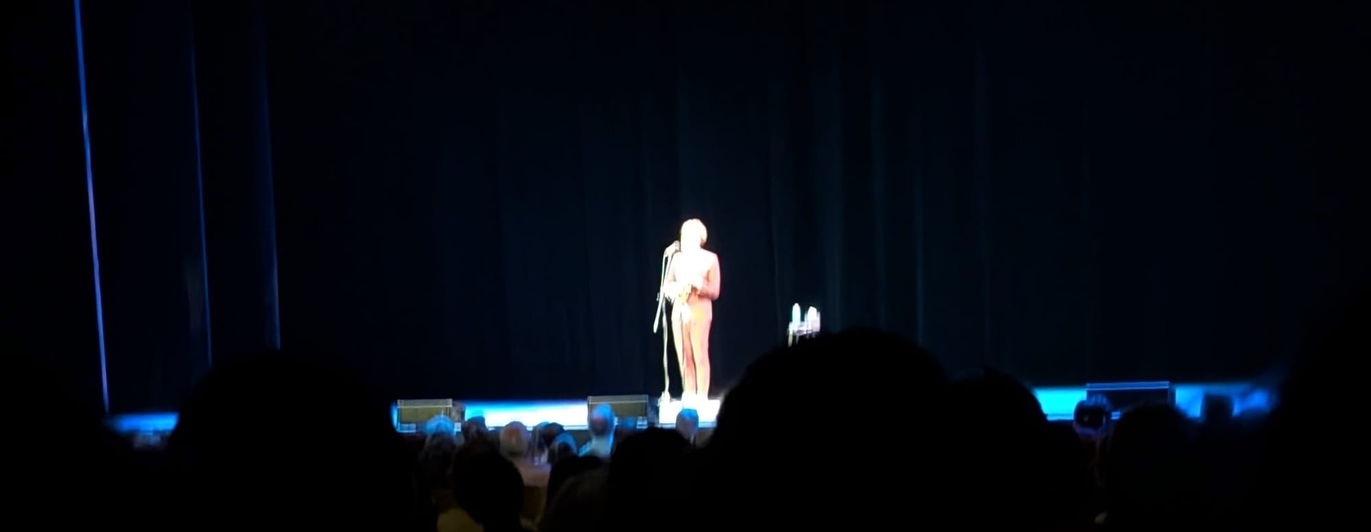 A poor-quality photo of Chris Thile spotlighted on stage, with vague shapes suggesting the heads of audience members in front of him.