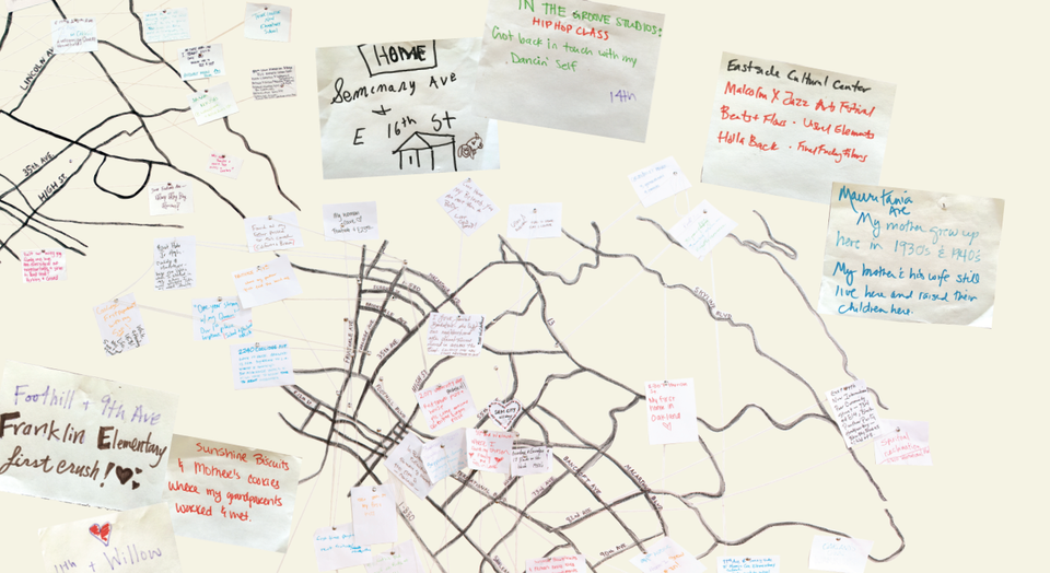 A map of East Oakland, bedecked with handwritten notes.